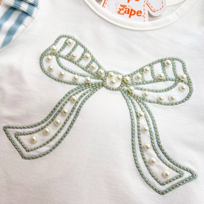 Conj. Regata com Laço Perolado e Short Saia - Verde Pastel e Off White
